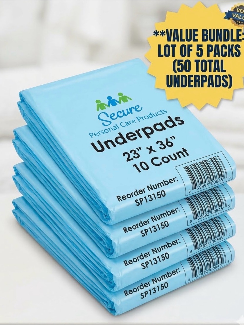 Lot of 5 Secure Personal Care Underpads 23" x 36" (50 Total Pads) - NIP